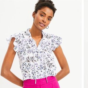 Floral Ruffle Yoke Tie Neck Top, Size M